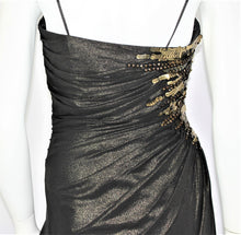 Load image into Gallery viewer, Black and Gold Shirred Gown for RENT